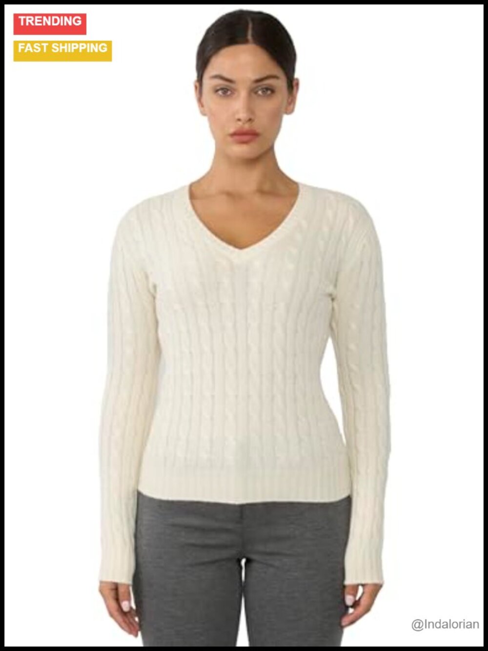 100% Cashmere Chunky Cable-Knit V-Neck Sweater Long Sleeve